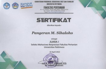 Juara 1 Mahasiswa Berprestasi Fakultas Pertanian atas nama Pangeran Michael Sihaloho